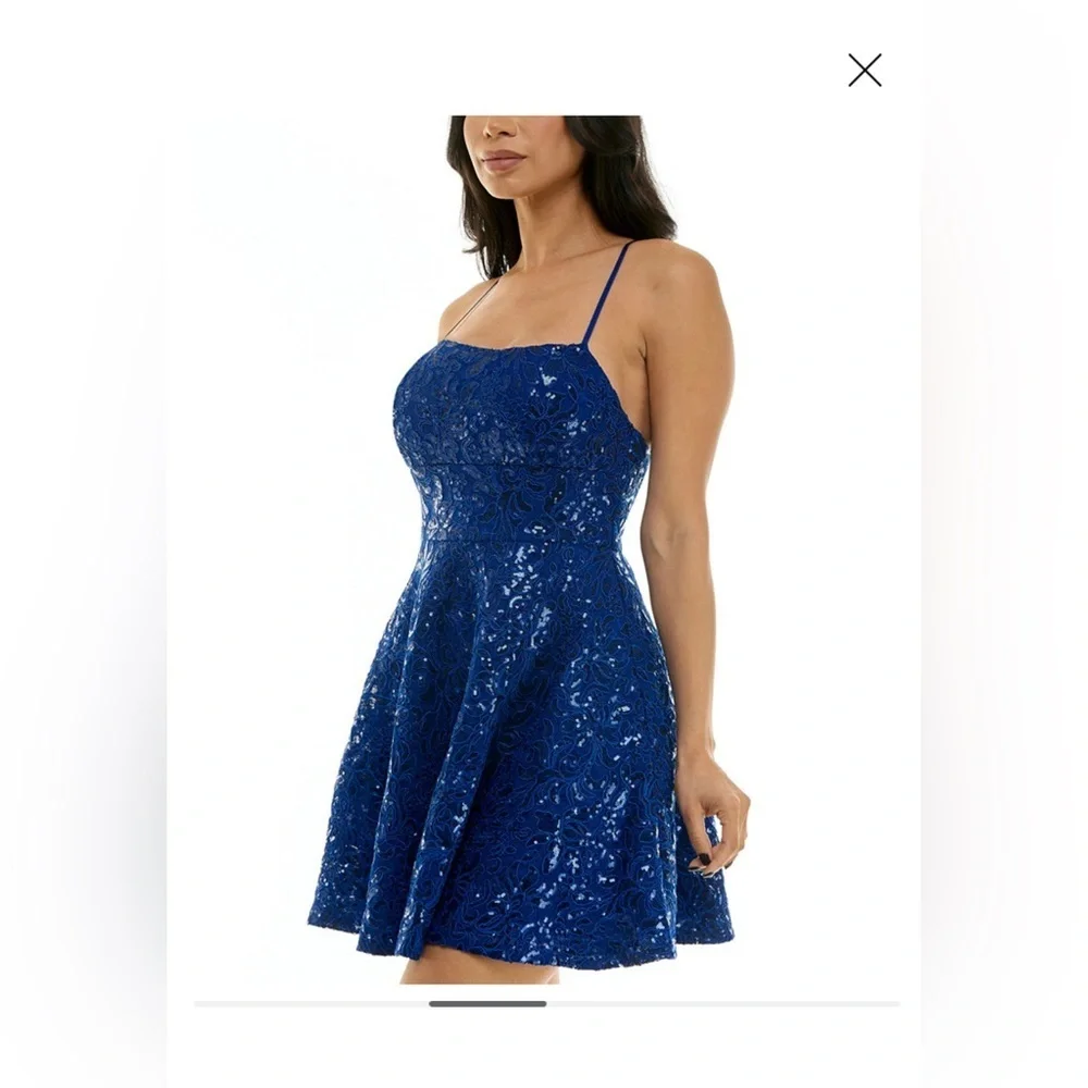 Embroidered Sequin Square Neck Spaghetti Strap Criss Cross Back Fit & Flare - Picture 4 of 10